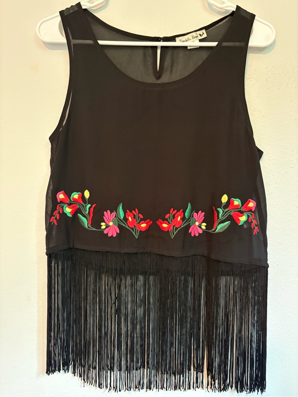Double Zero Black Floral Embroidered Fringe Tank Top Boho Festival Small